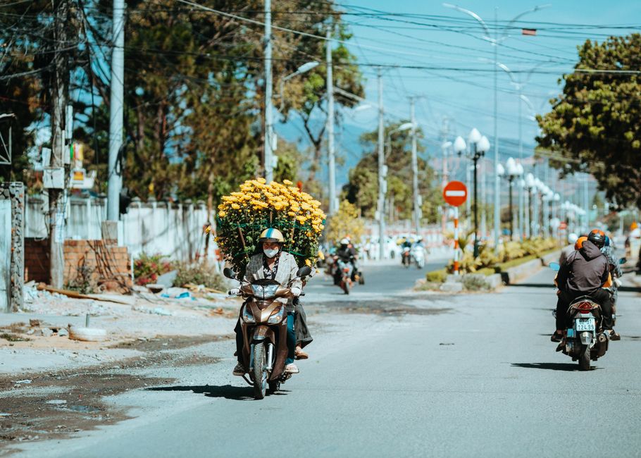 A person riding a scooter on a busy urban street carrying a large bouquet of yellow chrysanthemums and orange roses, wrapped in transparent and green floral paper. The rider is wearing a helmet and a 